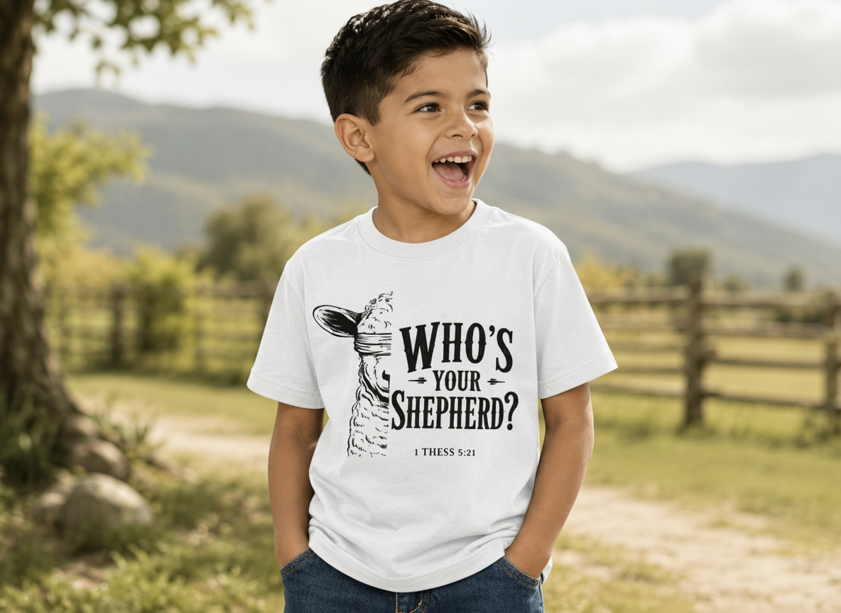 Who's Your Shepherd? | Kids Faith Crewneck Tee | 1 Thessalonians 5:21